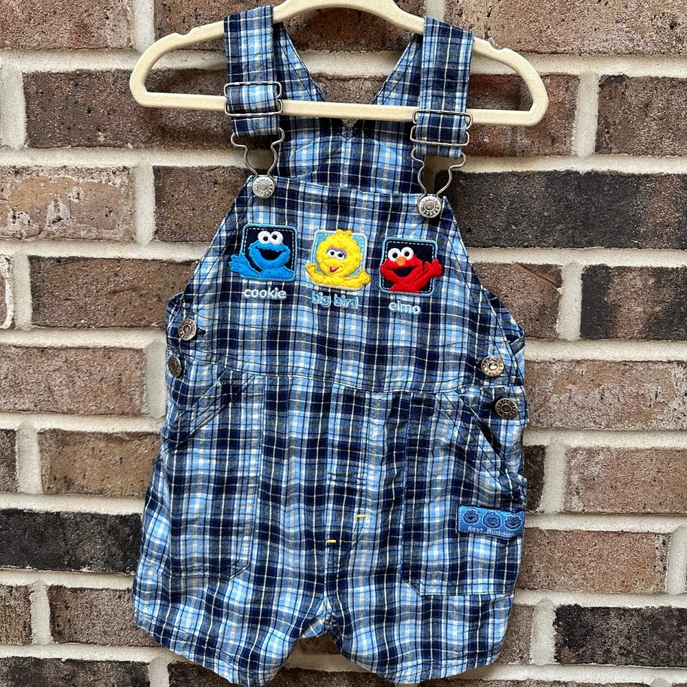 Sesame Street Blue Plaid Baby Shortalls Overalls with Character Appliqués 18m